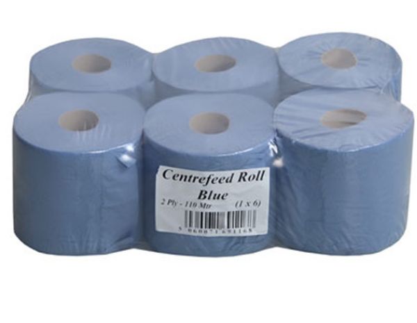 Centerfeed Embossed 2-Ply Paper Towel 110m Pack 6 – Blue (100% Recycled, Made in the UK)